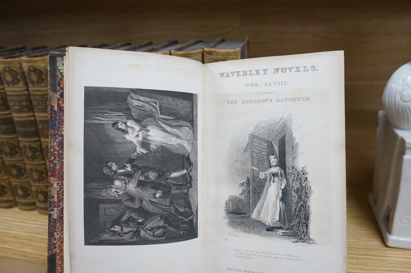 Scott, Sir Walter - Waverley Novels. 48 vols. engraved pictorial titles, frontispieces to each; contemp. green half morocco and marbled boards, gilt decorated panelled spines, marbled edges and e/ps., sm.8vo. 1829